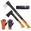 FISKARS Set Spaltaxt X21 – L + X10 – S + Xsharp Schärfer + Handschuhe 17